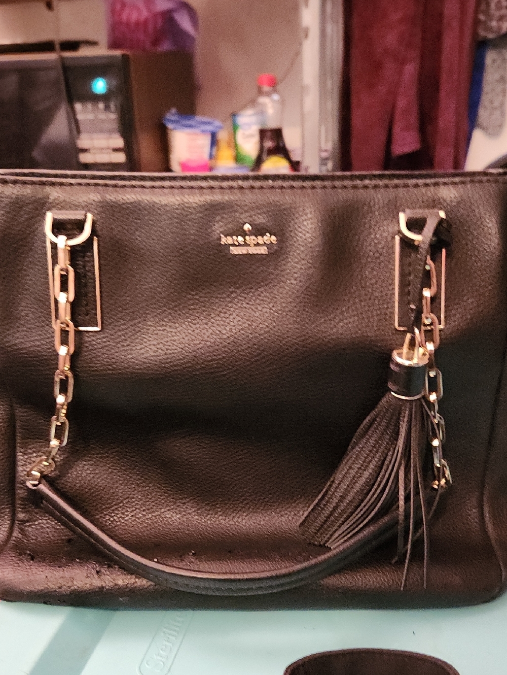 kate spade Black Leather Chain-Accent Tote with Tassel